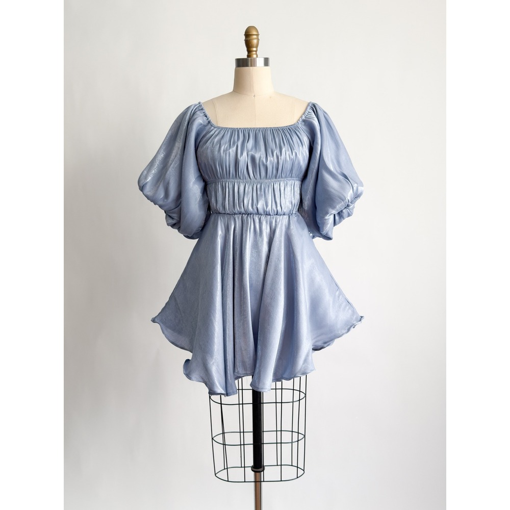 &merci Mini Dress Puff Sleeve Fairycore Smocked Blue Metallic S Handkerchief Hem